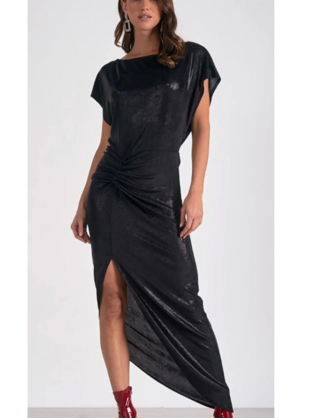 Elan Black Asymmetrical Ruched Maxi Dress